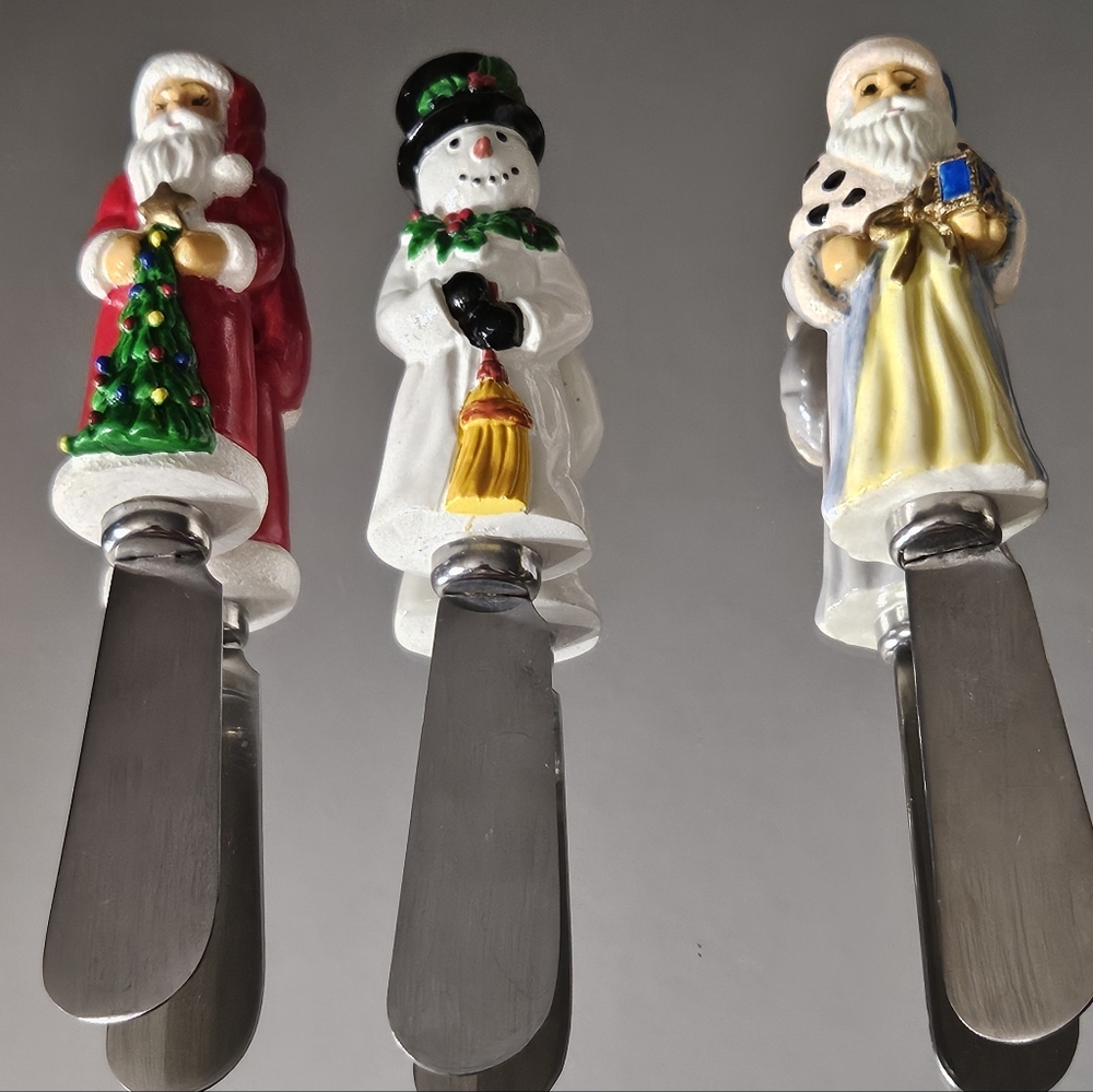 Festive Vintage Holiday Spreader Set with Santa and Snowman